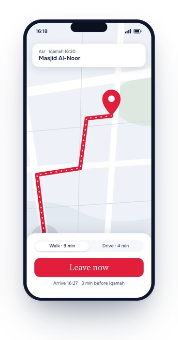Masjid Hub concept: journey view with a Leave now prompt and arrival three minutes before Iqamah.