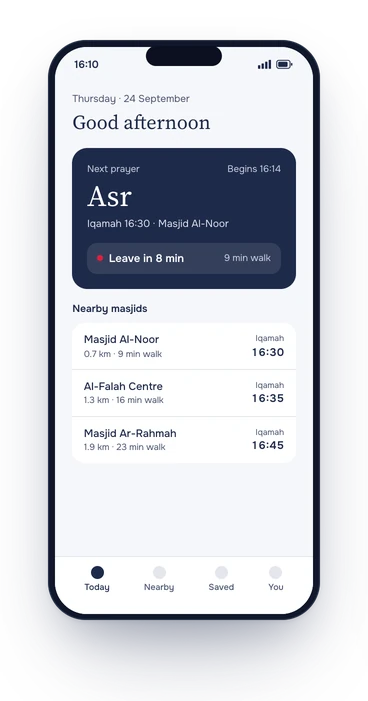 Masjid Hub concept: today view with the next prayer, Iqamah time and nearby masjids.